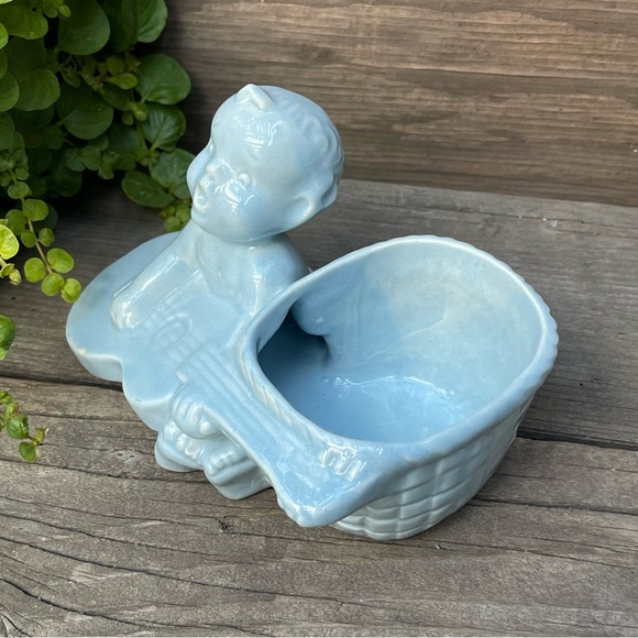Vintage Blue Ceramic Baby and Guitar Dish or Indoor Planter - Picture 6 of 13